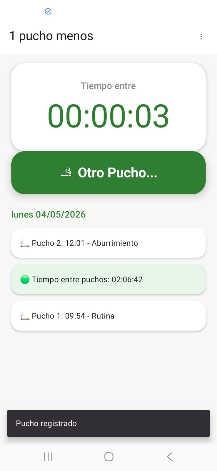 Captura de la app mostrando el historial de cigarrillos y el tiempo entre cada uno